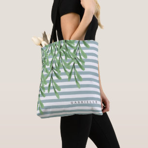 Watercolor Green Foliage Add Name Tote Bag