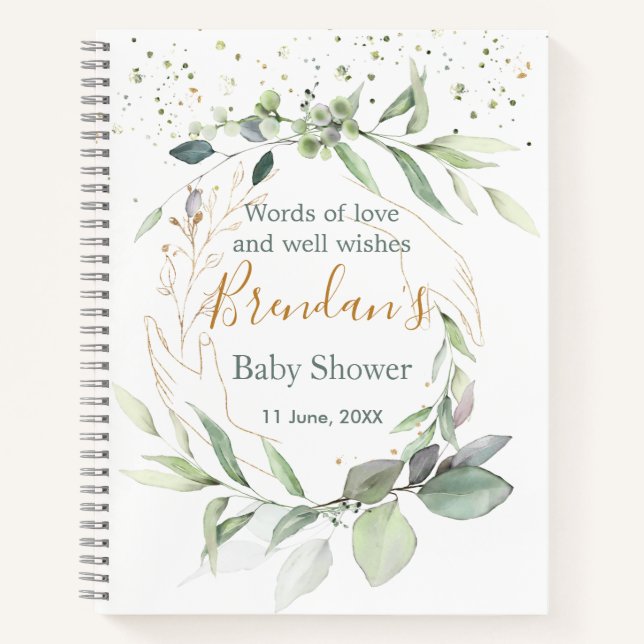 Watercolor Green foliage Baby Shower Guest Book (Front)