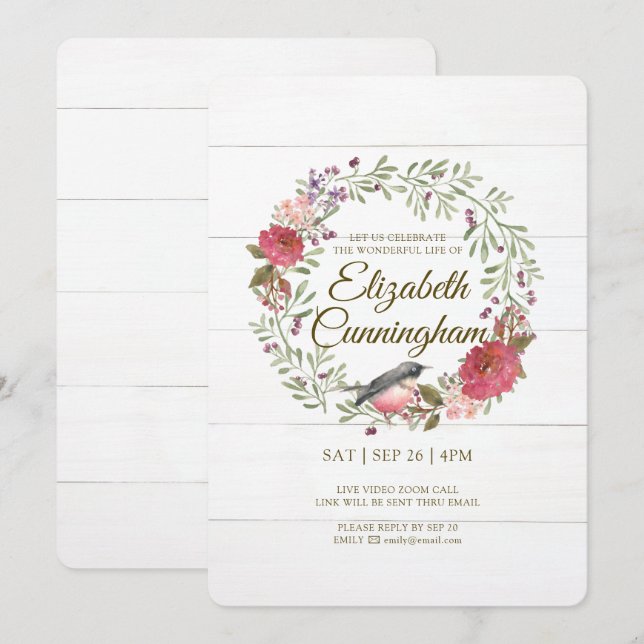 Watercolor Green Foliage Bird Virtual Memorial Invitation (Front/Back)