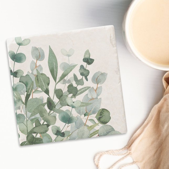 Watercolor Green Foliage Greenery Leaves Stone Coaster (In situ)