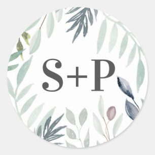 Watercolor Green Foliage Initial wedding stickers