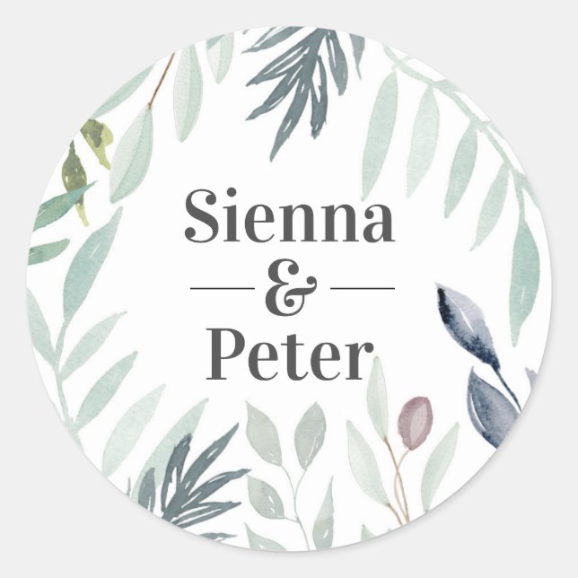 Watercolor Green Foliage name wedding stickers (Front)