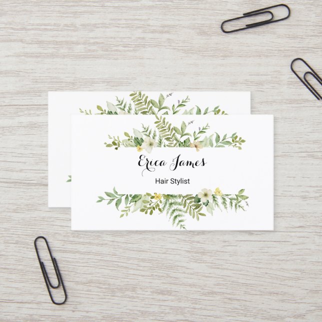 Watercolor Green Foliage Salon  Business Card (Front/Back In Situ)
