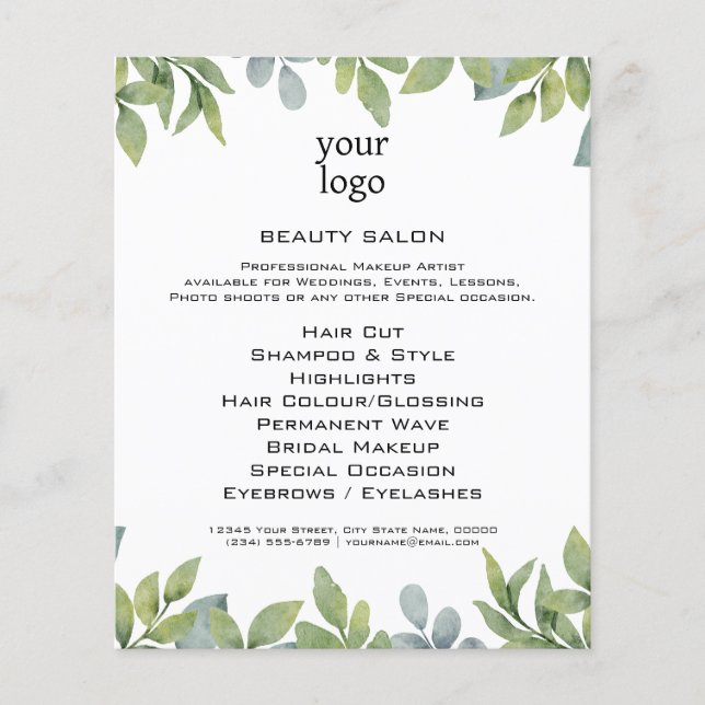 Watercolor Green Foliage Salon Flyer (Front)