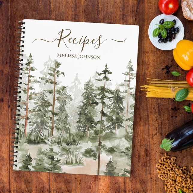 Watercolor Green Forest Cookbook Recipe Notebook (In situ)