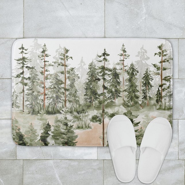 Watercolor Green Forest Landscape Bath Mat (In situ bathroom floor)