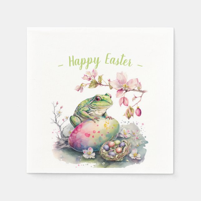 Watercolor Green Frog Easter Eggs and Flowers -   Napkin (Front)
