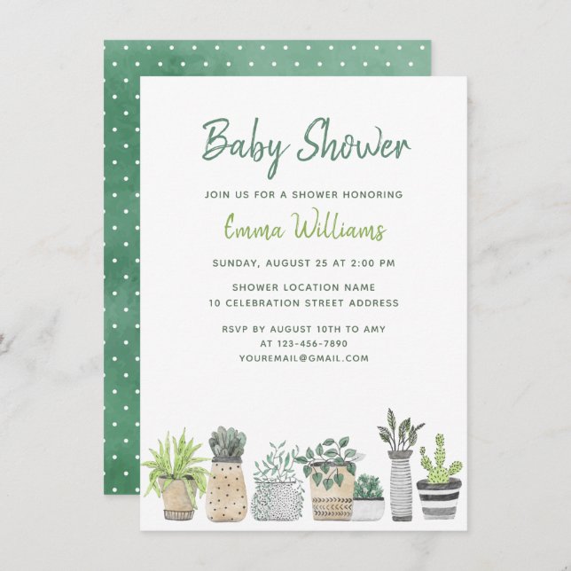 Watercolor Green Garden Plants Floral Baby Shower Invitation (Front/Back)