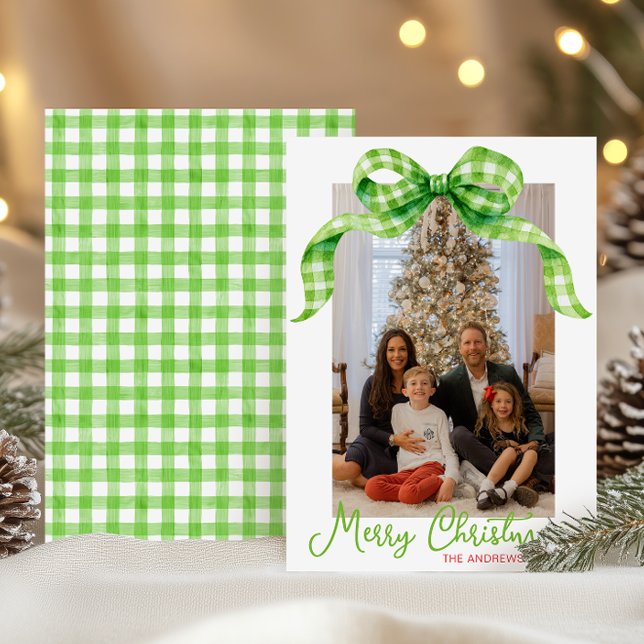 Watercolor Green Gingham Bow Christmas Photo Holiday Card (Creator Uploaded)