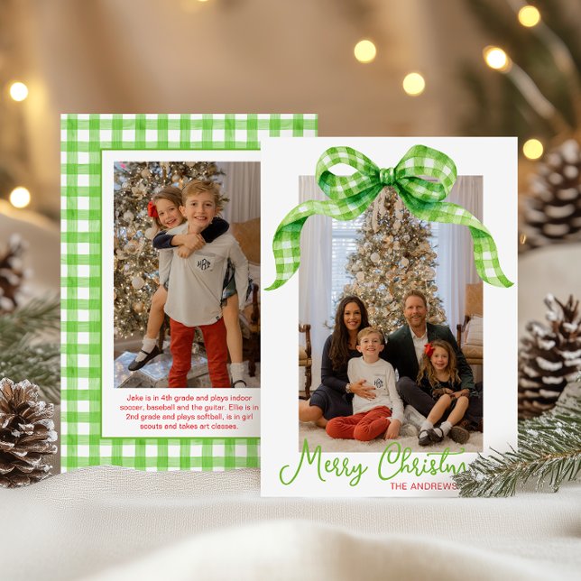 Watercolor Green Gingham Bow Christmas Photo Holiday Card (Creator Uploaded)