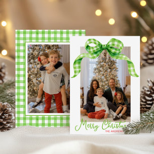 Watercolor Green Gingham Bow Christmas Photo Holiday Card