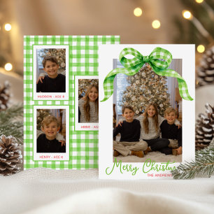 Watercolor Green Gingham Bow Christmas Photo Holiday Card