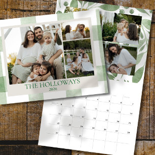 Watercolor Green Gingham Family Photo Calendar