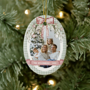 Watercolor Green Gingham Photo Christmas Ceramic Tree Decoration