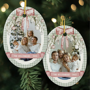 Watercolor Green Gingham Photo Christmas Ceramic Tree Decoration