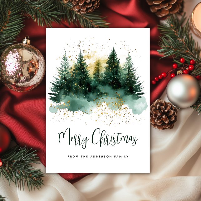 Watercolor Green Gold Christmas Forest Holiday Card (Creator Uploaded)