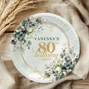 Watercolor Green Gold Eucalyptus 80th Birthday  Paper Plate