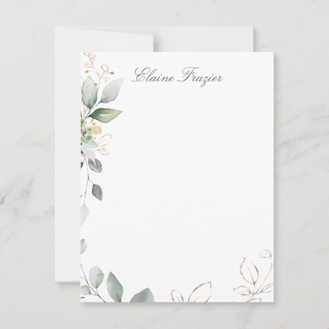 Watercolor green & gold foliage Flat Note Card (Front)