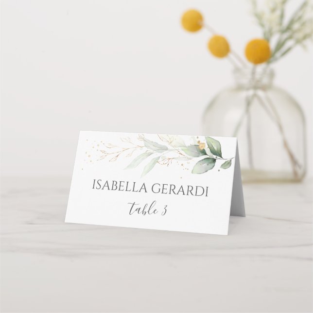 Watercolor green & gold foliage place card (Front)