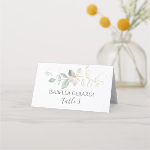 Watercolor green & gold foliage place card