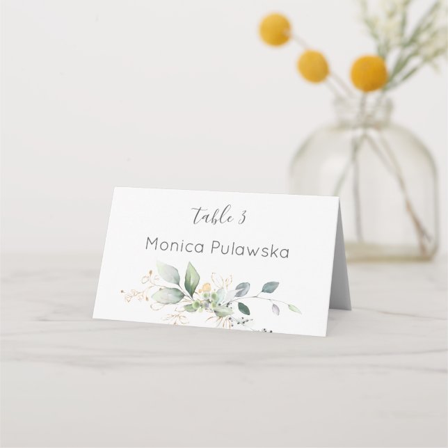 Watercolor green & gold foliage place card (Front)