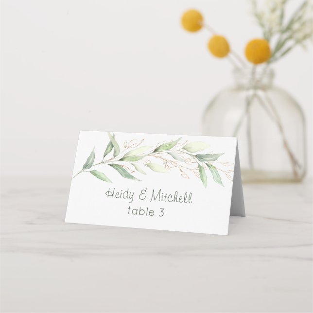 Watercolor Green & gold foliage Place Card (Front)