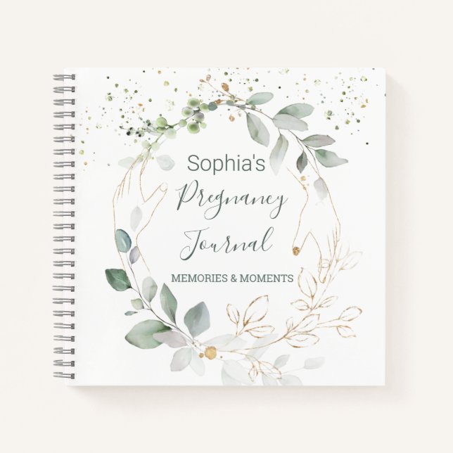 Watercolor Green Gold Foliage Pregnancy Journal (Front)