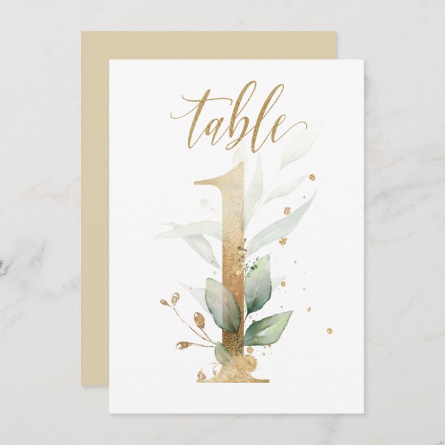 Watercolor Green & Gold Foliage, Table Number 1 (Front/Back)