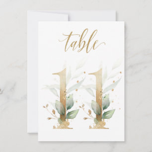 Watercolor Green & Gold Foliage, Table Number 11