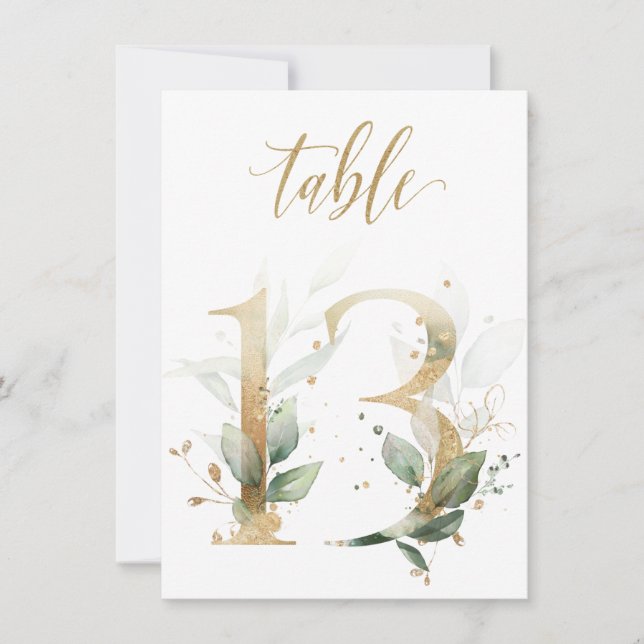 Watercolor Green & Gold Foliage, Table Number 13 (Front)