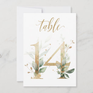 Watercolor Green & Gold Foliage, Table Number 14