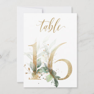 Watercolor Green & Gold Foliage, Table Number 16