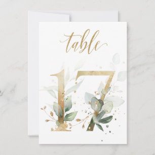 Watercolor Green & Gold Foliage, Table Number 17