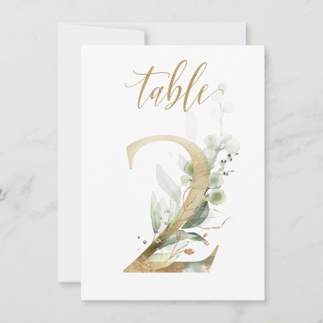 Watercolor Green & Gold Foliage, Table Number 2 (Front)