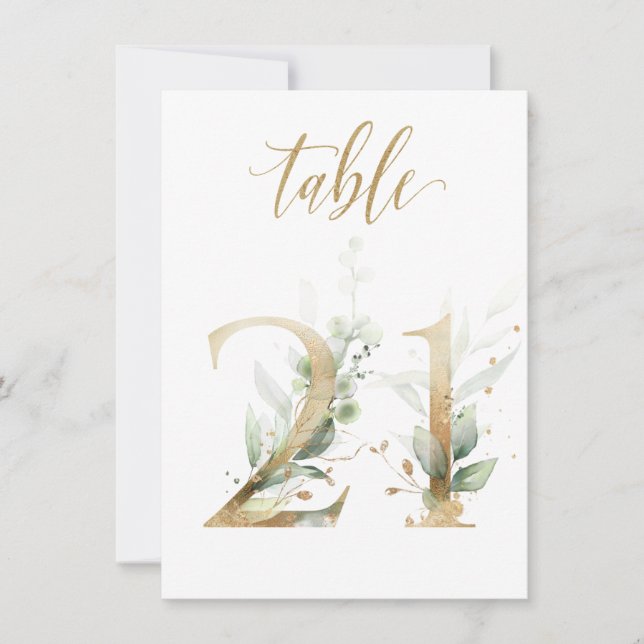 Watercolor Green & Gold Foliage, Table Number 21 (Front)