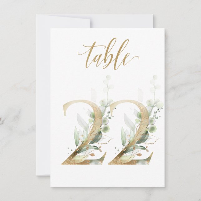 Watercolor Green & Gold Foliage, Table Number 22 (Front)