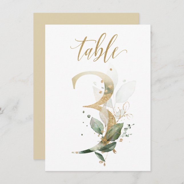 Watercolor Green & Gold Foliage, Table Number 3 (Front/Back)