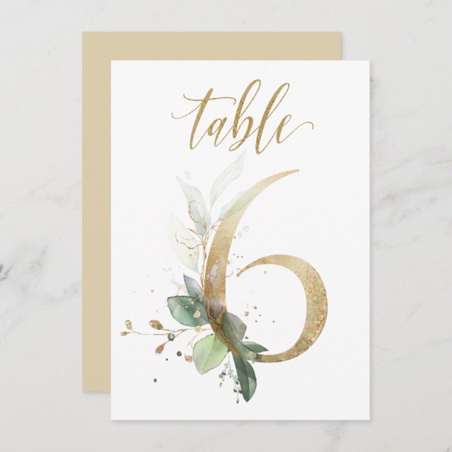 Watercolor Green & Gold Foliage, Table Number 6 (Front/Back)