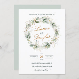 Watercolor green & gold foliage wreath Wedding Invitation