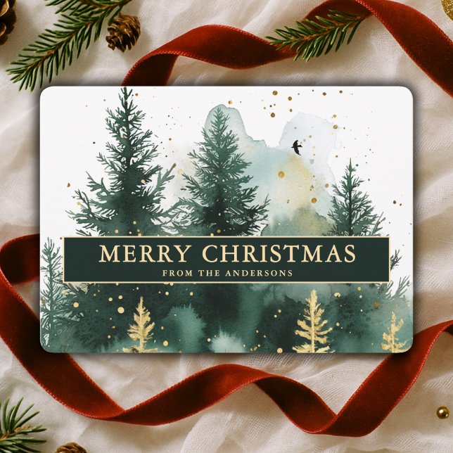 Watercolor Green Gold Forest Christmas Holiday Card (Creator Uploaded)