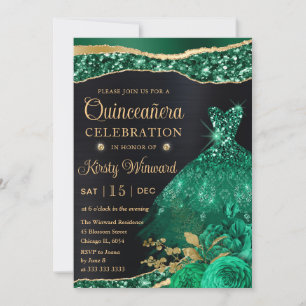 Watercolor Green Gold Glitter Dress Quinceanera Invitation