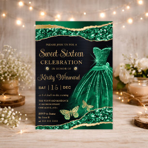 Watercolor Green Gold Glitter Dress Sweet Sixteen Invitation