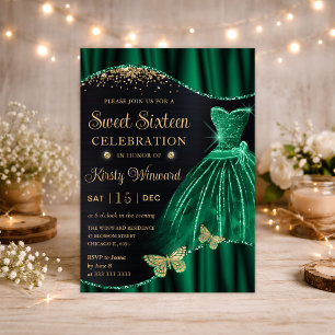 Watercolor Green Gold Glitter Dress Sweet Sixteen Invitation
