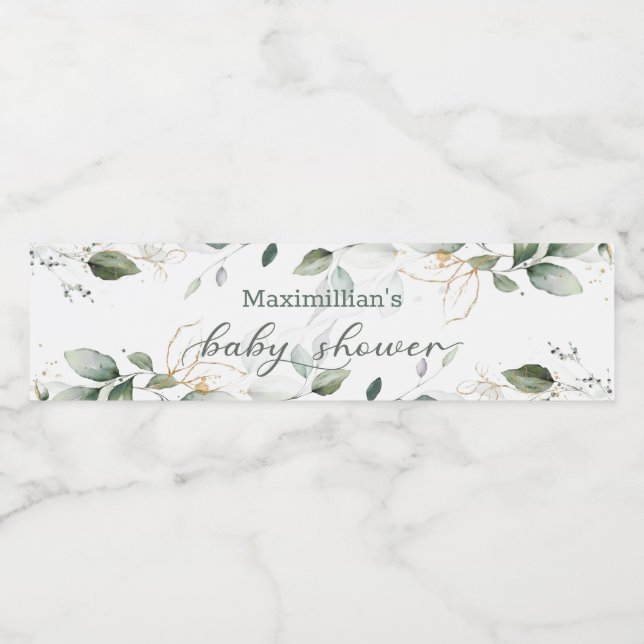 Watercolor green & gold leaves Baby Shower Water Bottle Label (Single Label)