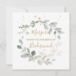 Watercolor green & gold leaves Flat Thank You Card