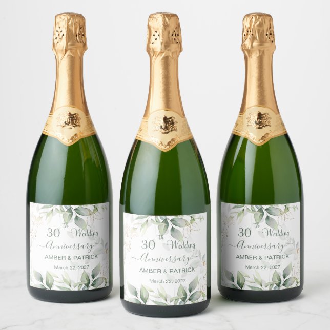 Watercolor green & gold leaves Wedding Anniversary Sparkling Wine Label (Bottles)