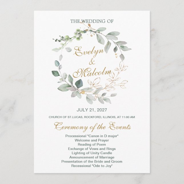 Watercolor green & gold leaves Wedding Program Programme (Front)