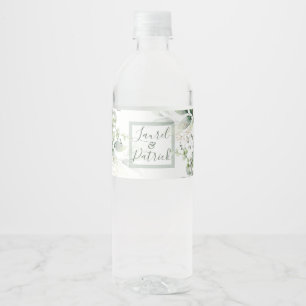 Watercolor Green Gold Leaves Wedding Water Bottle Label