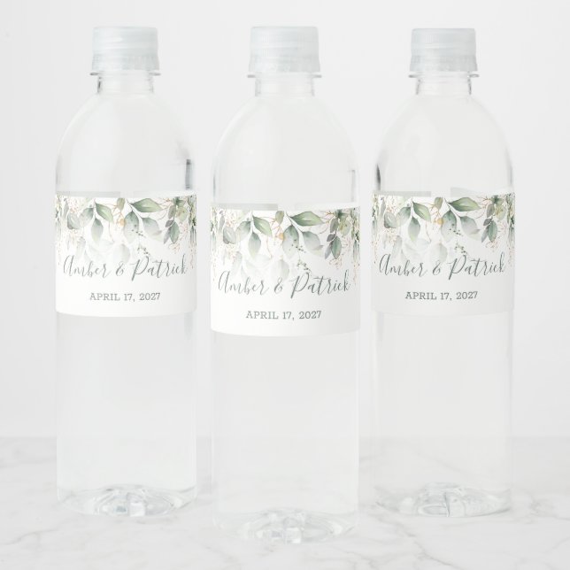 Watercolor green & gold leaves Wedding  Water Bottle Label (Bottles)