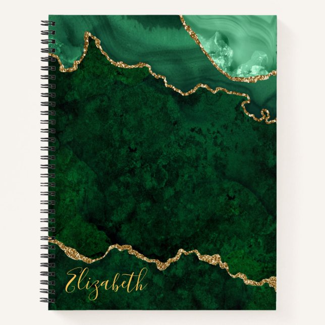 Watercolor Green Gold Marble Agate Geode Notebook (Front)